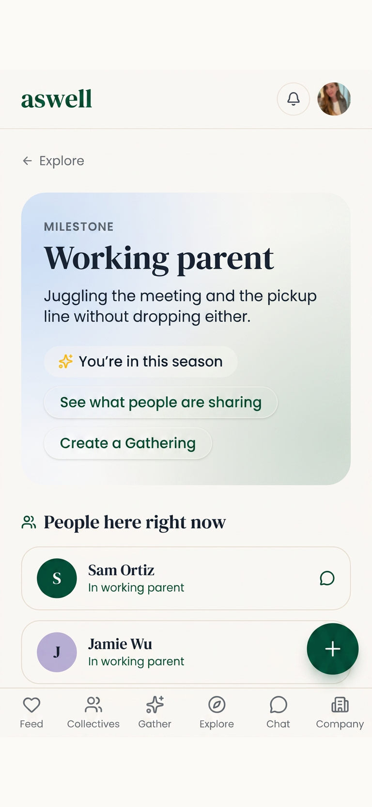 aswell app showing the Working parent Milestone, people sharing it and ways to connect